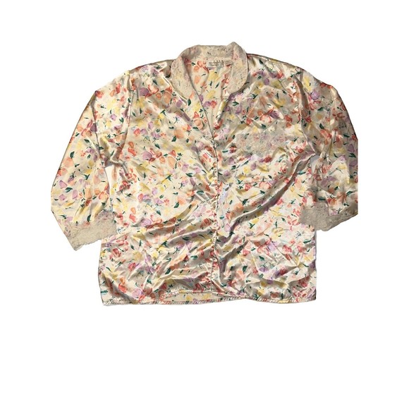 Victoria’s Secret Vintage Gold Label Satin Pajama Top Sleep Shirt Sz L Lace Trim - Picture 1 of 8